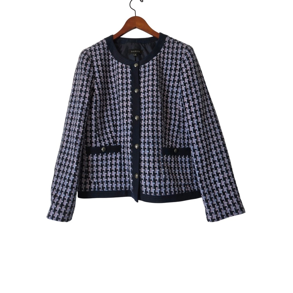 Talbots Tweed Jacket Navy Blue 14 Houndstooth Crest Plaid Professional Blazer
